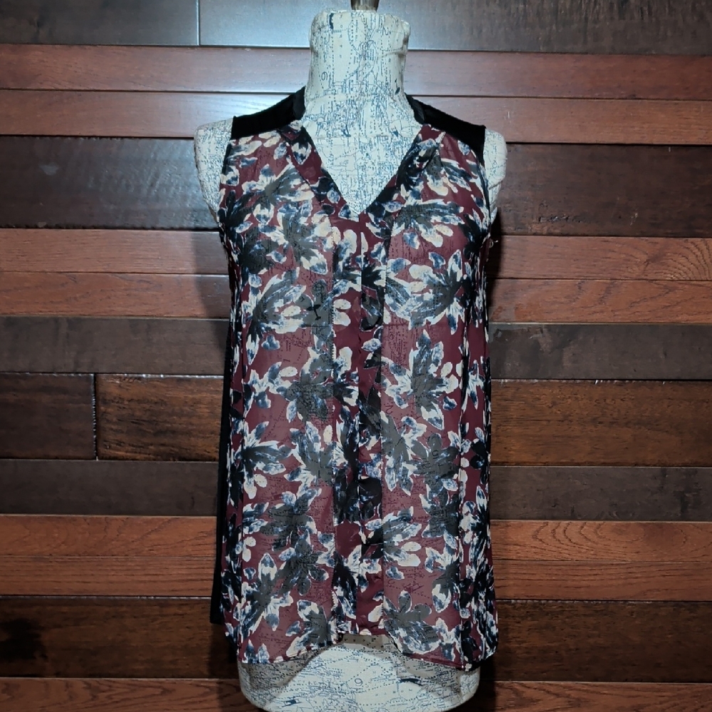 Simply Vera Vera Wang Floral V-Neck Blouse - Black and Burgundy